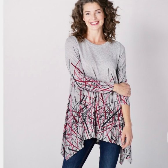 NWT Orange Fashion Village Gray Printed Asymmetric Sweater Tunic - Picture 3 of 11